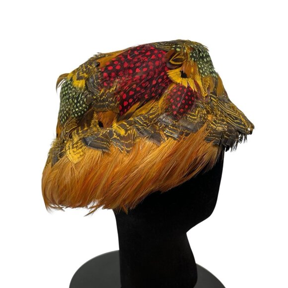 Vintage Women's Pheasant Feather Hat Cap Size 7 Retro 1940's Union Made in USA - Picture 3 of 8